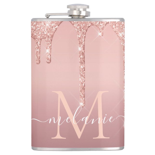 Text-Rose für Monogramm: Schwarzer Glitzer Flachmann (Vorderseite)