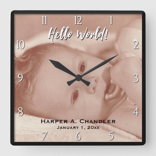 Text- und Baby-Foto-Frame-Vorlage Quadratische Wanduhr (Vorderseite)