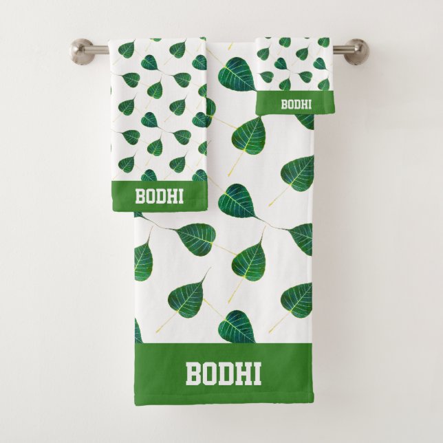 Text und Grüne Blätter von Bodhi auf Weiß Badhandtuch Set (Insitu)