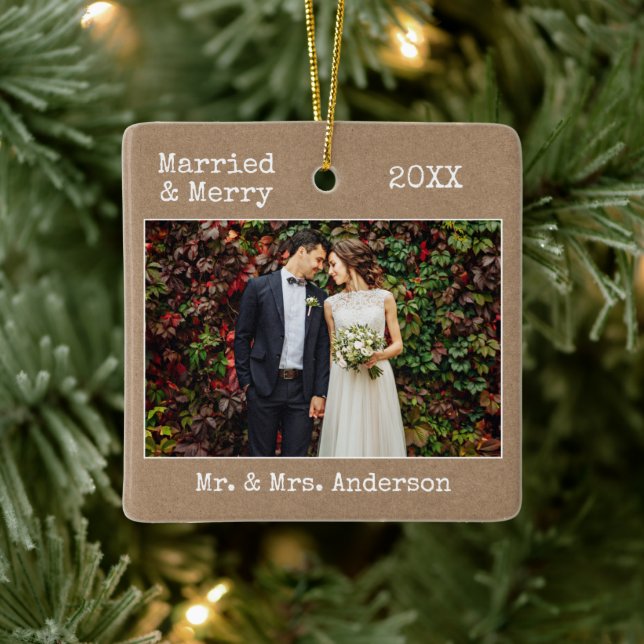 Text Verheirateter Schrift Merry Wedding Kraft Fot Keramikornament (Baum)