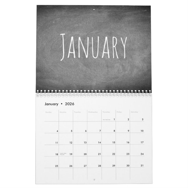Texte 2018 noir et blanc de calendrier de tableau (Jan 2026)