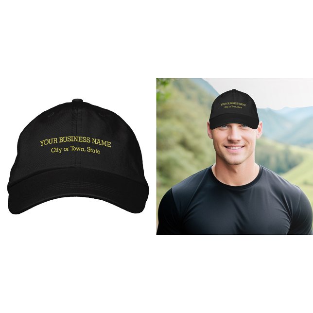 Texte commercial jaune brodé sur le Casquette (Business name and location embroidered on cap in yellow thread)