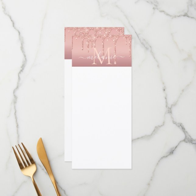 Texte de nom de monogramme Menu Paillettes Rose Go (Devant/Arrière en situation)