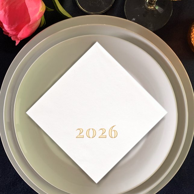Texte Personnalisé Moderne Nouvel An 2026 Parti Or (Real foil New Year’s Eve party napkins. Minimalistic elegant editable script 2026
)