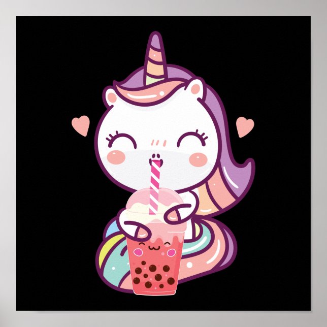 Textfeld Kawaii Einhorn trinken Boba Tea Poster (Vorne)