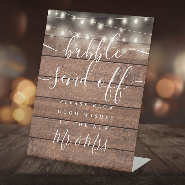 Textfeld Stringleuchten rustikales Holz absenden Sockelschild (Bubble Send Off String Lights Rustic Wood Pedestal Sign)