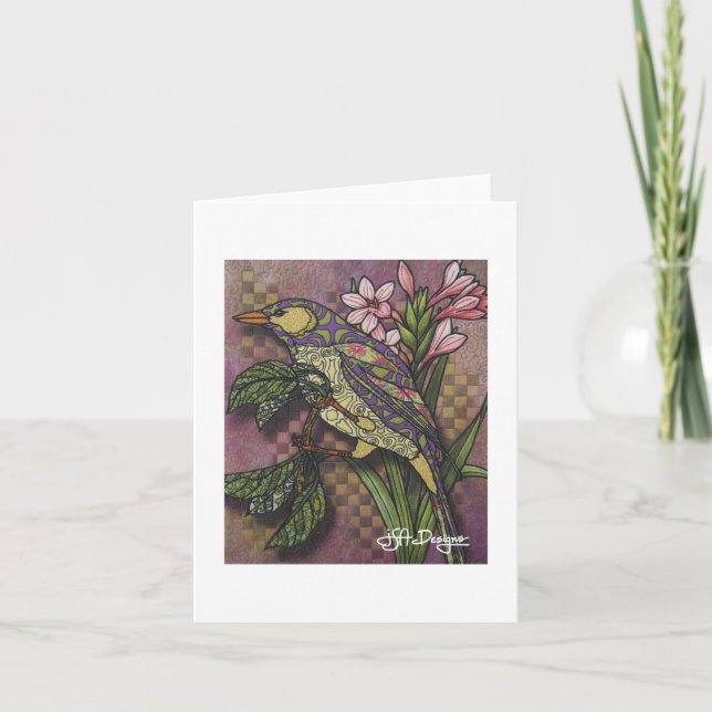 Textile Art Bird Notecard Karte (Vorderseite)