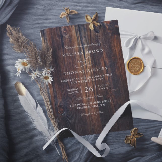 Textiles Holz Rustikale Landhochzeit QR Code Einladung (Von Creator hochgeladen)