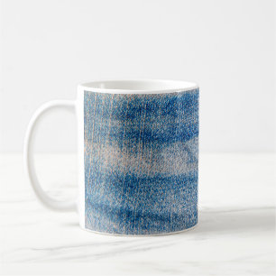 Textilien aus blauem Jeans, textiler Hintergrund Kaffeetasse