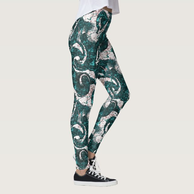 Textur der weißen Flecken, gemischt mit Aquamarin  Leggings (Rechts)