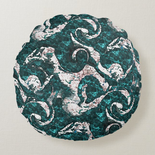 Textur der weißen Flecken, gemischt mit Aquamarin  Rundes Kissen (Vorderseite)
