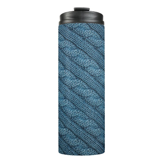Textur des Strickstoffes, hellblaues Colo Thermosbecher (Vorderseite)