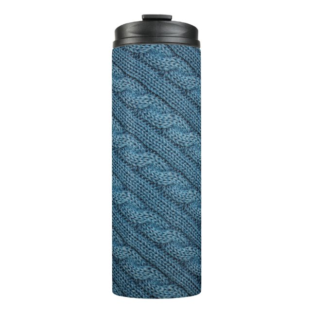 Textur des Strickstoffes, hellblaues Colo Thermosbecher (Vorderseite)