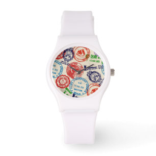 Textur mit echten Briefmarke. Armbanduhr