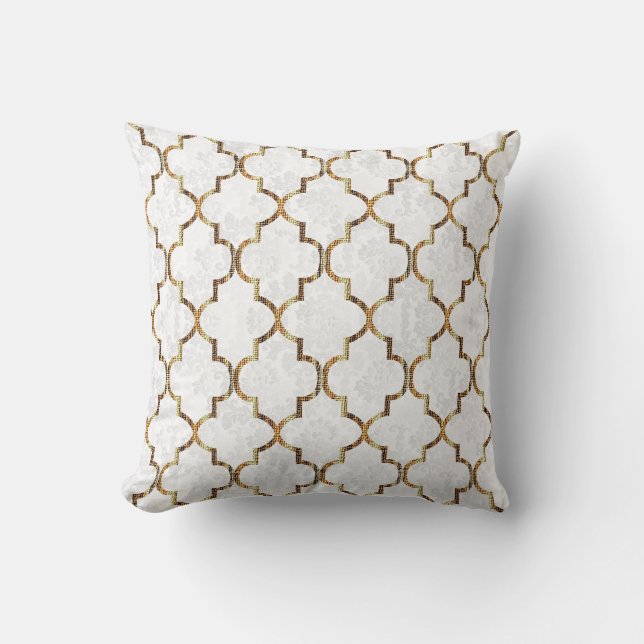 Textur Weiß und Gold Quatrefolienmuster Kissen (Vorderseite)