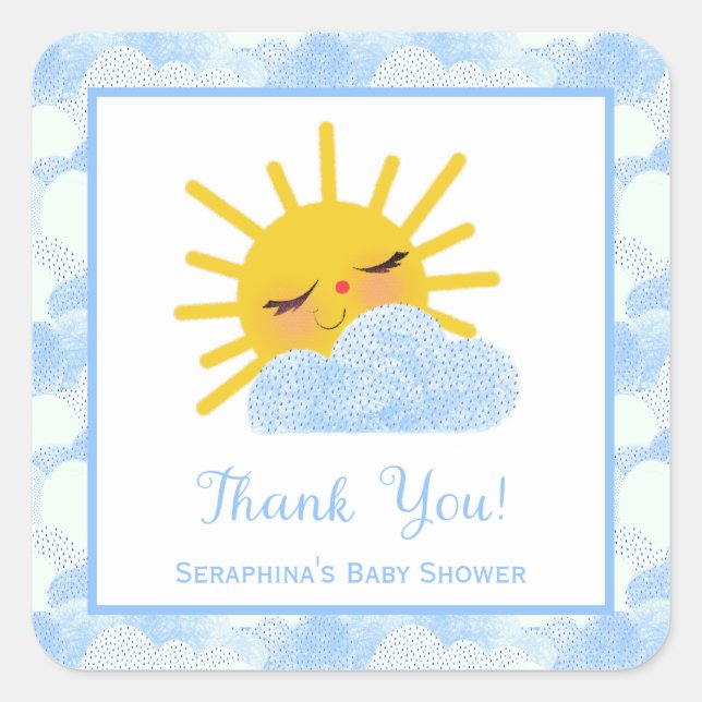 Textured Blue Clouds & Sun Baby Dusche Vielen Dank Quadratischer Aufkleber (Vorderseite)