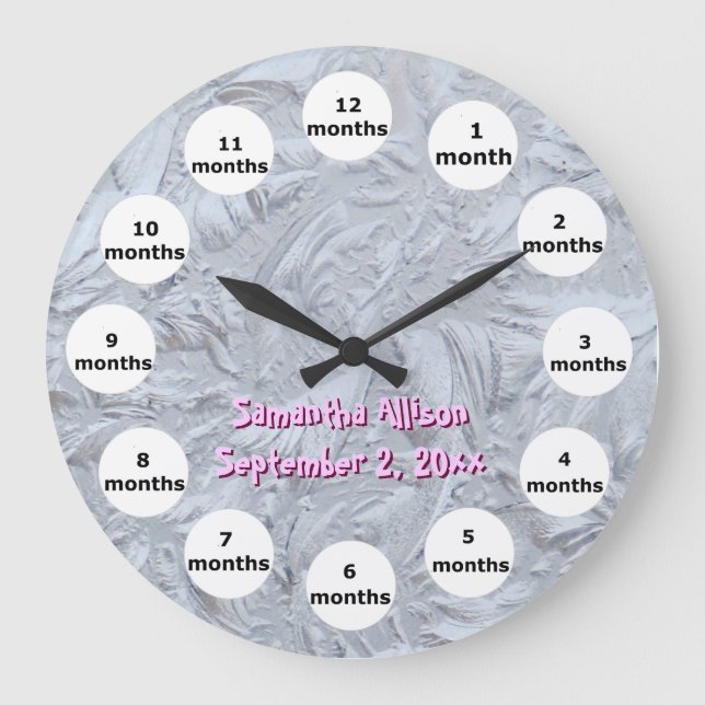 Textured Glass Pink Photo 12 Month Baby Große Wanduhr (Vorderseite)