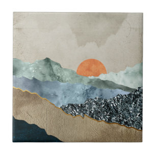 Texturierte Bergschichten mit Sonnenuntergang Fliese