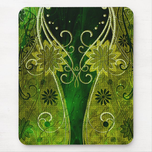 Texturierte Golden & Green Floral Wirbel Mousepad (Vorne)