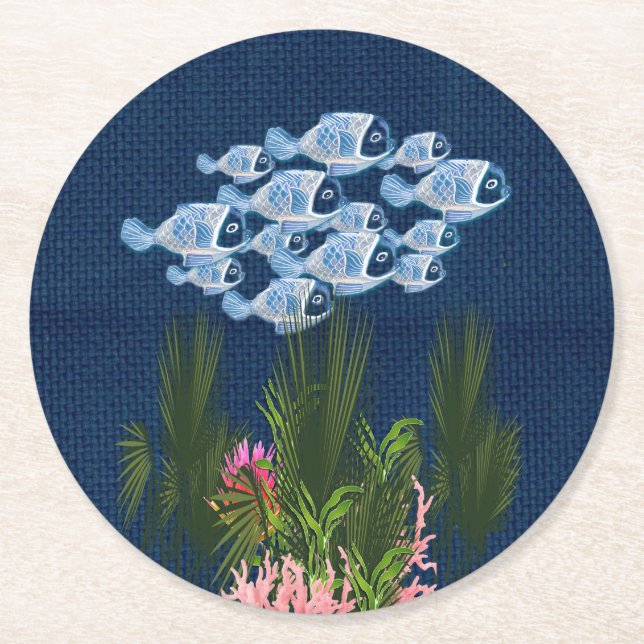 Texturierte Marine, Fisch, Rosa Korallen Runder Pappuntersetzer (Vorderseite)
