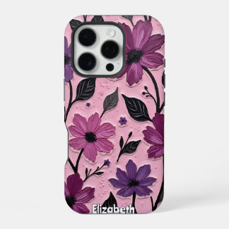 Texturierte violette Blumen auf Rosa iPhone 16 Pro Hülle