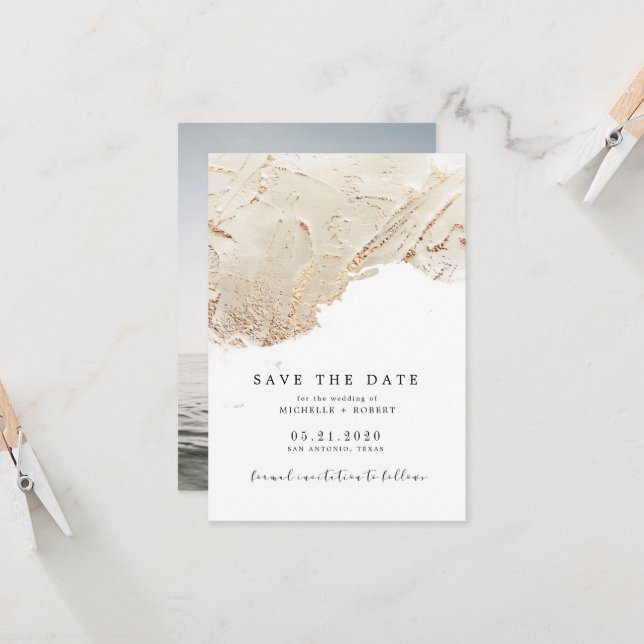 Texturiertes Foto aus Goldfolie Save the Date Einl Einladung (Vorderseite/Rückseite Beispiel)