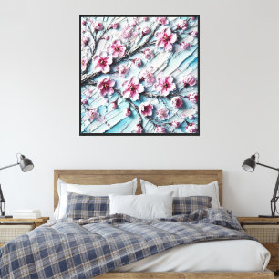 Texturiertes Kirschblüten-Gemälde Florale Wandkuns Leinwanddruck