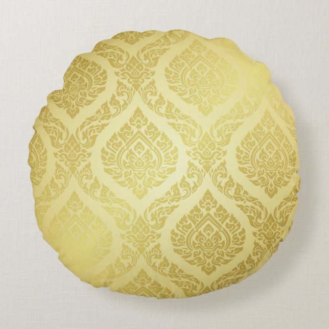 Thai Pattern Oberster Goldgrundthai, Muster, Rundes Kissen (Vorderseite)