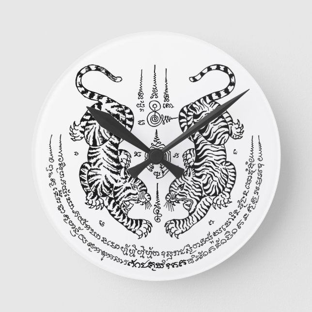 Thai Tattoo Designs Tiger " Yant Suea Koo "Black Runde Wanduhr (Vorderseite)