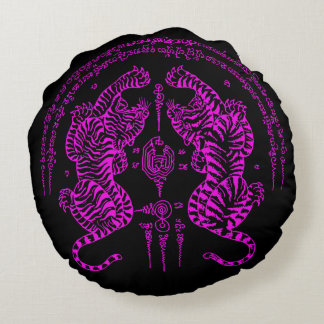 Thai Tattoo Designs Tiger " Yant Suea Koo " Pink Rundes Kissen