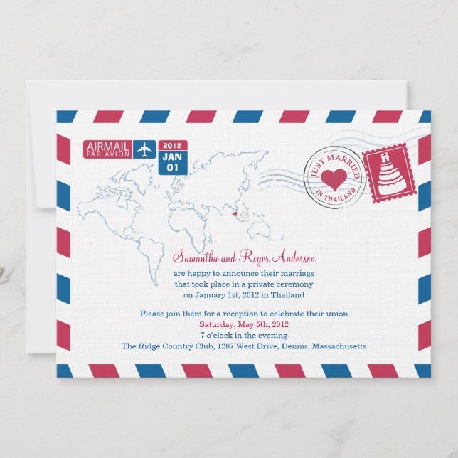 Thailand Air Mail Post Hochzeitsempfang Einladung (Vorderseite)