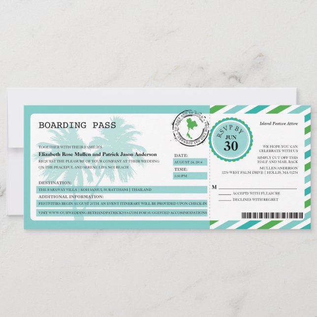 Thailand Airmail Boarding Pass Hochzeit Einladung (Vorderseite)