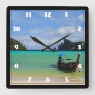 Thailand-Reise-Strand-Foto mit Fischerboot Quadratische Wanduhr