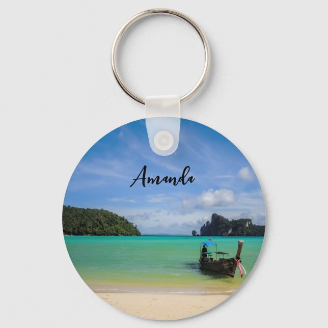 Thailand Travel Beach Foto mit Fischerboot Schlüsselanhänger (Vorderseite)