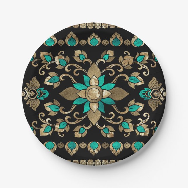 thailändische Ornamente - Gold und Aquamarin Pappteller (Vorderseite)