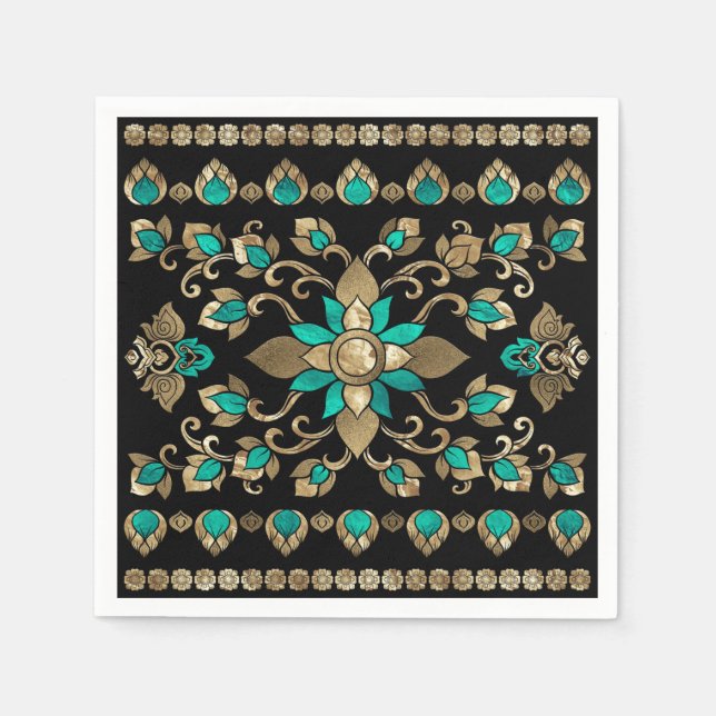 thailändische Ornamente - Gold und Aquamarin Serviette (Vorderseite)