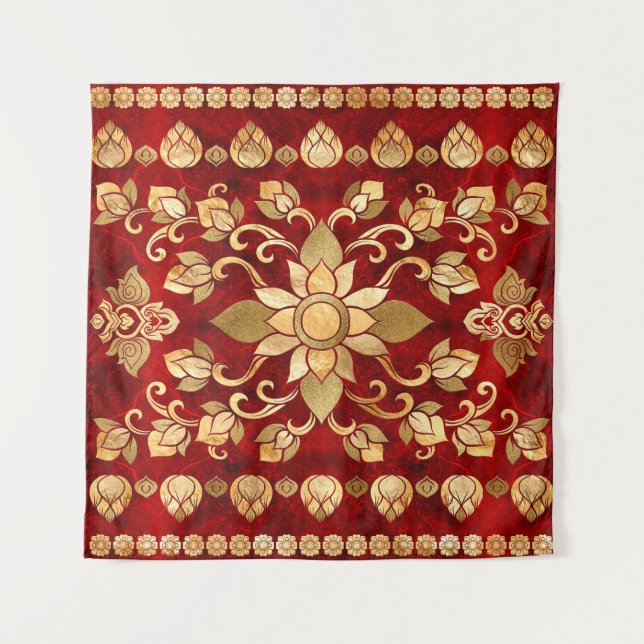 Thailändische Ornamente - Gold und Rot Wandteppich (Vorderseite)