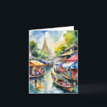 Thailändischer Floatmarkt Wasserfarbe Karte<br><div class="desc">Diese Grußkarte zeigt ein Aquarellbild der schwimmenden Märkte in Bangkok, Thailand.</div>