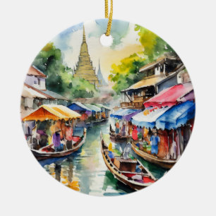 Thailändischer Floatmarkt Wasserfarbe Keramik Ornament