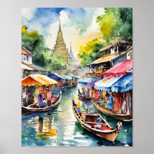 Thailands schwimmende Märkte für Wasserfarben in B Poster (Vorne)