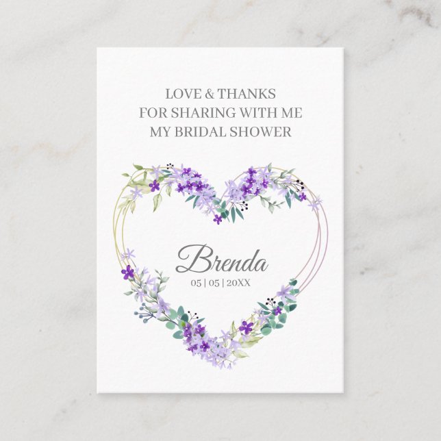 Thank Purple Floral Heart for Bridal Shower Name Visitenkarte (Vorderseite)