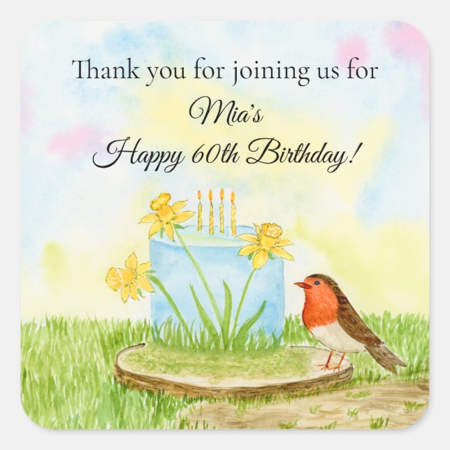 Thank You 60th Birthday Robin with Daffodil Cake Quadratischer Aufkleber (Vorderseite)