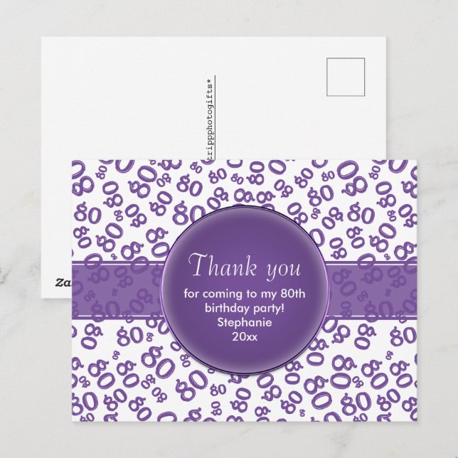 Thank  You 80 Purple/White Birthday Number Pattern Postkarte (Vorne/Hinten)
