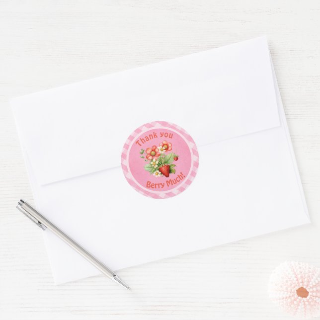 Thank You Berry Much Strawberry Pink Gingham  Runder Aufkleber (Umschlag)