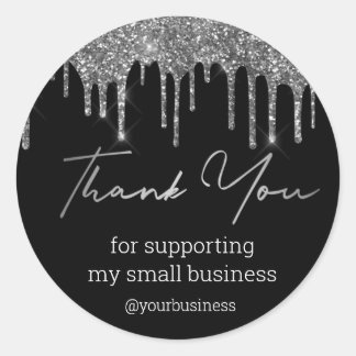 thank you black and silver glitters small business runder aufkleber