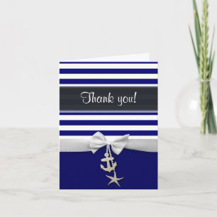 Thank You Blue Nautical stripe & faux white ribbon Dankeskarte