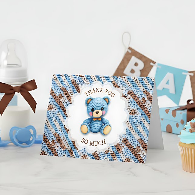 Thank You | Boy's Baby Shower Crochet Bear Dankeskarte (Von Creator hochgeladen)