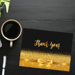 Thank you card birthday black gold bow postkarte<br><div class="desc">An elegant black background and a faux gold bow and ribbon with golden glitter and sparkle. On front a hand lettered style script and the text: Thank You! 
Back: Template for your thank you note and name/names

Perfect for a birthday party,  anniversary,  wedding,  bridal shower or baby shower.</div>