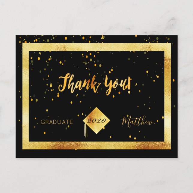 Thank you card graduation black gold confetti postkarte (Vorderseite)