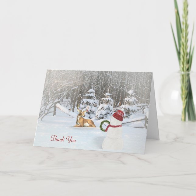 thank you-Christmas snowman and deer Dankeskarte (Vorderseite)